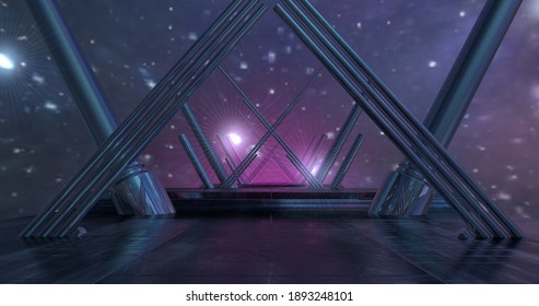 Scene of futuristic-spacial background with an arch. 3D Illustration.