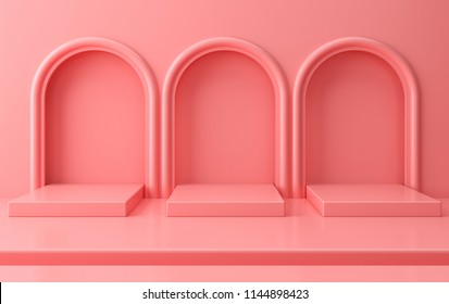 Scene with geometrical forms, arch with a podium in pastel colors, minimal background, pastel platform, 3D render - Powered by Shutterstock