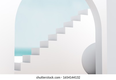 Scene With Geometrical Forms, Arch With A Podium In Natural Day Light. Minimal Landscape Background. Sea View. Summer Scene. 3D Render Background.