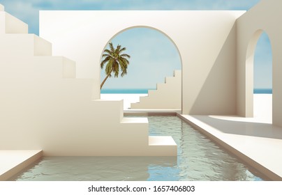 Scene With Geometrical Forms, Arch With A Podium In Natural Day Light. Minimal Landscape Background. Sea View. Summer Scene. 3D Render Background.