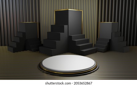 Scene with geometrical forms background, 3d render, abstract background, Black and gold background.