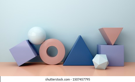 Scene With Geometrical Forms. Set Of Shapes  On Blue Abstract Background. Abstract Theme For Trendy Designs. Sphere, Torus, Polyhedron, Cylinder In Purple, Blue And Cream Colors. Minimal 3d Render.