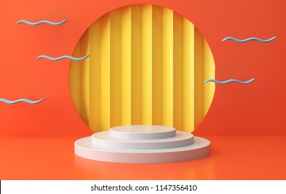 Scene with geometrical forms, white round platform, minimal background, paper in the form of a zigzag, pastel platform, 3D render