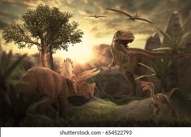 scene of the giant dinosaur destroy the park. 3D Render Photo.