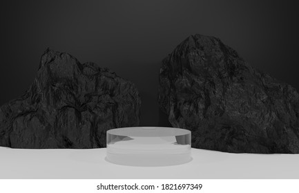 Scene with glass podium for mock up presentation in dark deep black color and black coal mountains in minimalist style with copy space, 3d render abstract background design