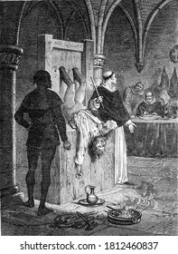 Scene from the Inquisition, Vintage engraving. From Popular France, 1869.