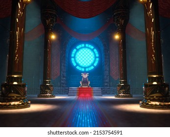 The Scene Of The King's Throne Hall With A Blue Circle Lighting Window In 3D Renderings.