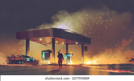 Scene Of The Man Burning The Gas Station At Night, Digital Art Style, Illustration Painting