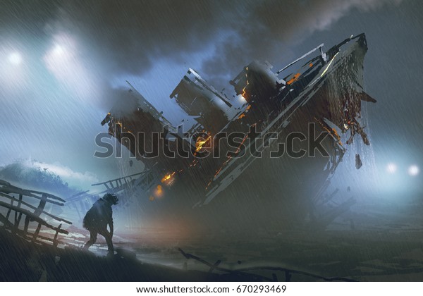 scene of man escape a sinking ship\
in rainy night, digital art style, illustration\
painting
