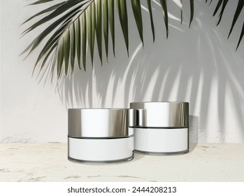 Scene, mockup for advertising, presentation of cosmetics, cream bottles and jars with metallic shiny chrome caps, sunny scene, natural stone background, palm tree branches with shadow. 3D rendering