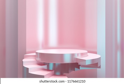 Scene With Pink Geometrical Forms, Round And Square Platform, Minimal Background, 3D Render