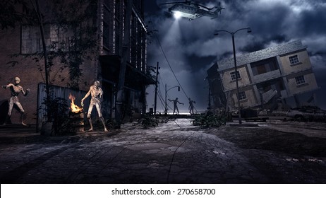 Scene with ruined city, helicopter and zombies