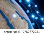 The scene shows a digital representation of the Middle East with a focus on geographical features and a network of lights. Data flow and connections highlight technology in a global context.