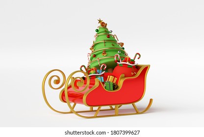 Scene Of Sleigh Full Of Christmas Gifts And Christmas Tree, 3d Rendering