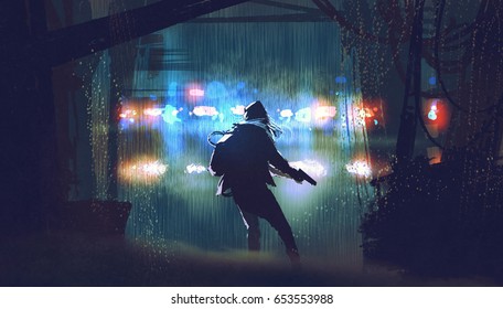 scene of the thief with the gun being caught by police car light at rainy night with digital art style, illustration painting