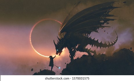 scene of the wizard reaching hand out to his dragon standing on the rock, digital art style, illustration painting
