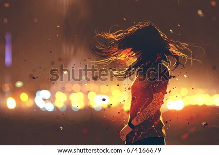 scene of woman with cracked effect on her body against defocused lights, digital art style, illustration painting