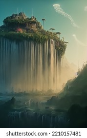 Scenery Of Floating Mountain And Waterfall, Fairy Scene, Chinese Nature, 3D Illustration.