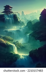 Scenery Of Floating Mountain And Waterfall, Fairy Scene, Chinese Nature, 3D Illustration.