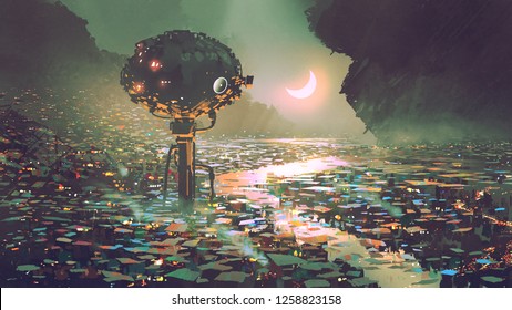 scenery of futuristic tower in dystopian city, digital art style, illustration painting