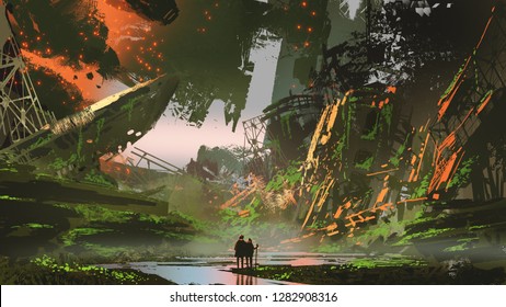 scenery of hikers trekking a river path in overgrown city, digital art style, illustration painting