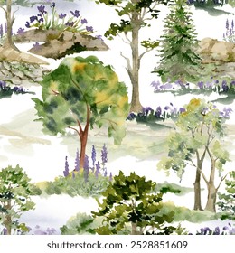 Scenery landscape of forest meadow grassland with bushes flowers, trees alpine vista rocks stones hand drawn in watercolor. Seamless pattern for tourism, resort ads, hiking camping sites, vacation. - Powered by Shutterstock