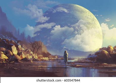 Scenery Of Lonely Woman Looking At Another Earth,illustration Painting