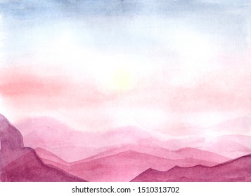 Scenery Of Sand Dunes. Hand-drawn Watercolor Abstract Desert. Landscape Illustration, Sunset, Fields, Hills