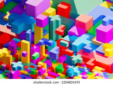 Scenery Video Game. Falling Geometric Blocks. Multi-colored Childrens Bricks. Video Game Background. Childrens Designer Of Multi-colored Elements. Colorful Scenery For Kids Video Games. 3d Image.