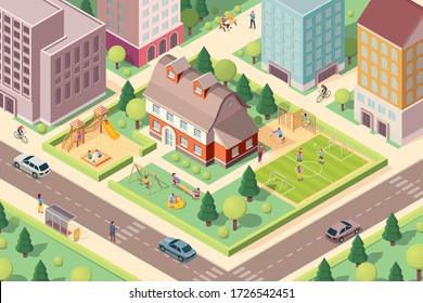 Scenery view on kindergarten with playground. Isometric school at city or town block. Schoolyard with swedish ladder and soccer field, slide and carousel, sandbox for children or kids. 3D illustration - Powered by Shutterstock