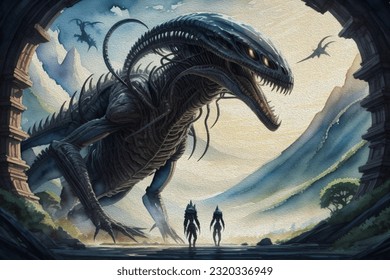 paisaje Pintura acuarela.xenomorfo gigante, luz intrincada, elegante y volumétrica