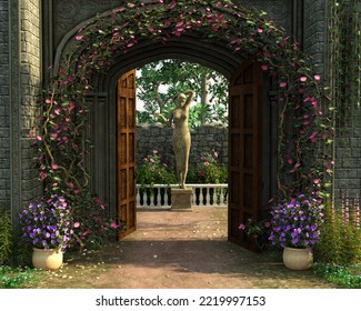 Scenic Garden With Stone Archway With Open Double Doors, Climbing Plants, Hanging Ivy, Flowers, Stone Walls, And Stone Statue Of Woman. 3d Render Illustration.