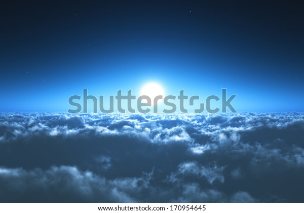 雲の上の夜の空の景色は 満月と夜中に星がついた暗い青空 のイラスト素材