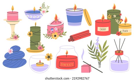 Scented Candles, Aromatherapy Wax Lit Candles, Cozy Home Accessory. Paraffin Aroma Therapy Decorative Candles  Illustration Set. Cartoon Aromatic Candles. Aromatherapy Candle Relaxation