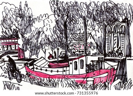 scetch of the channel with barges