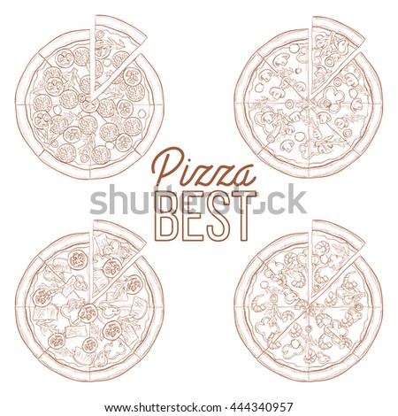 Scetch set of four types pizza.