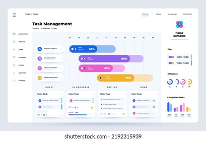 Schedule App. Task Manager UI Template With Project Timeline, Time Optimization And Task Management Web App Dashboard Interface.  Design Of Schedule Ui Application Illustration