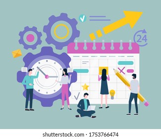 Schedule Or Organizer, Planning Or Time Management Raster. Clock Dial, Businessman And Businesswoman, Calendar Sheet With Events, Productive Work