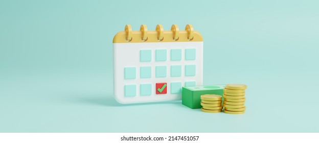 Schedule planner, calculating regular monthly payment with calendar, time to pay concept, bundle of cash, day of payment with calendar and cash money, excellent business event date, 3d rendering - Powered by Shutterstock