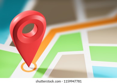 Schematic bright map with a large red pointer showing the destination point. Concept of navigation, finding your goal and GPS. 3d rendering mock up