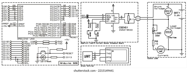 Schematic Diagram Of Connecting A Current Sensor To An Arduino Uno. 
Electronic Circuit Board With Arduino.
Electrical Diagram With Arduino.