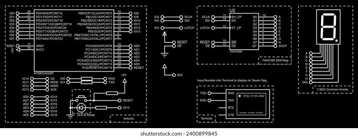 Schematic diagram of connecting a seven-segment indicator and a register chip to an arduino. Electronic circuit board with arduino. Electrical diagram with arduino.
