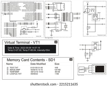 Schematic Diagram Of Connecting A Temperature Sensor, Sd Card, 
Terminal And Photoresistor To An Arduino Uno. 
Electronic Circuit Board With Arduino.
Electrical Diagram With Arduino.