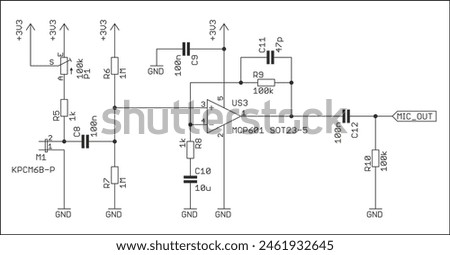 Schematic diagram of electronic device. Drawing electrical circuit with 
operational amplifier, resistor, capacitor,
 other components 
on white background of paper sheet.
