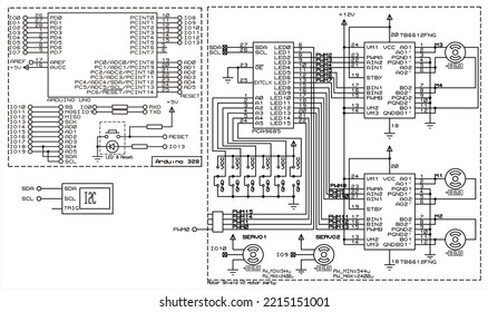 Schematic Diagram Of An Electronic Device On The Arduino Uno. Connecting External Devices To The Arduino Printed Circuit Board. Electronic Circuit Board.