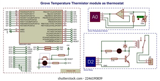 Schematic diagram of an electronic device on the arduino.
Grove temperature thermistor module as thermostat. 
Grove thermostat using temperature sensor and relay modules
