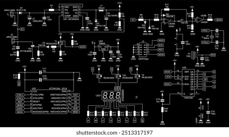 Schematic diagram of electronic device on sheet of paper. Drawing electrical circuit with lcd display, 
operational amplifier, integrated circuit, 
capacitor, resistor, transistor, controller.