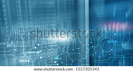 Schematic electronic draft server room information communication technology background. Template design copy space