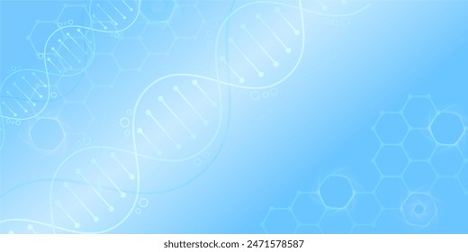 Schematic representation of the DNA double helix with a hexagonal background. Ideal for scientific and medical contexts, emphasising the importance of the genetic code in biological research.