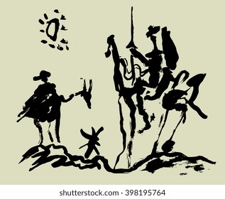 Schematic representation of Don Quixote and his squire.
